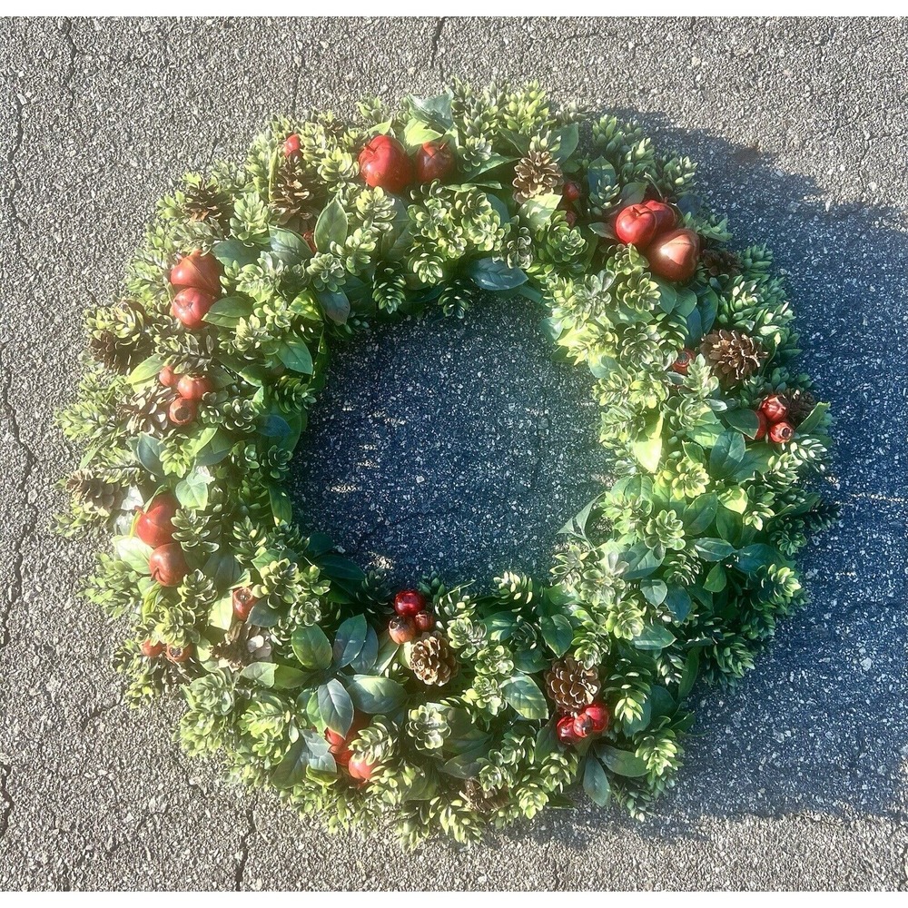 Vintage Plastic Fall/Christmas Door Wreath Large 26"‎ Boxwood Apples Pine cones